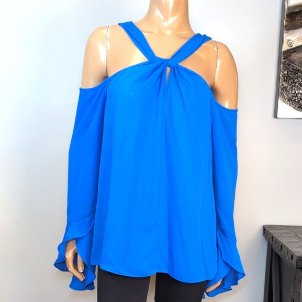 Halston Blue Cold Shoulder Blouse Womens Size XL Long Sleeve Twist Halter Top - Picture 3 of 14